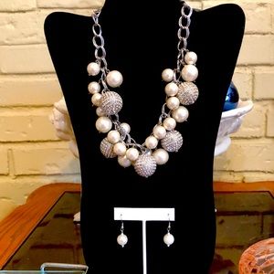 Pearl Tone and Silver Necklace and Earrings Set